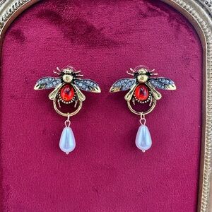 Vintage Luxury Honeybee Gold Red Pearl Drop Earrings